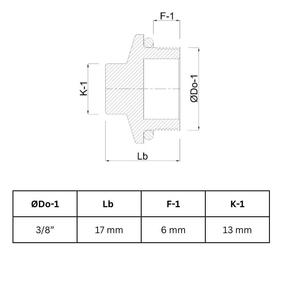 Konstruktionszeichnung einer mechanischen Komponente mit Maßangaben: ØDo-1, 3/8 Zoll; Lb, 17 mm; F-1, 6 mm; K-1, 13 mm.