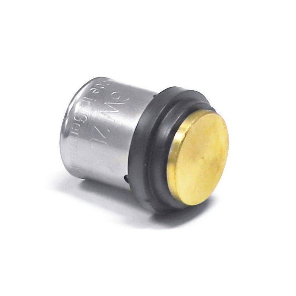 Eine silberne Flinte der Stärke 12 mit einer Messing-Zündhütchen-Kappe an einem Ende und einer schwarzen Kunststoffdichtung am anderen Ende, die auf einem weißen Hintergrund ruht.