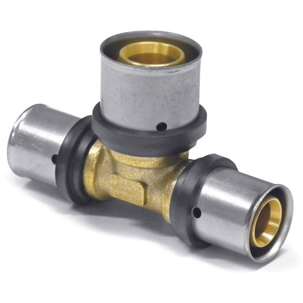 T-förmiges Metallrohrfitting mit drei zylindrischen Anschlüssen.