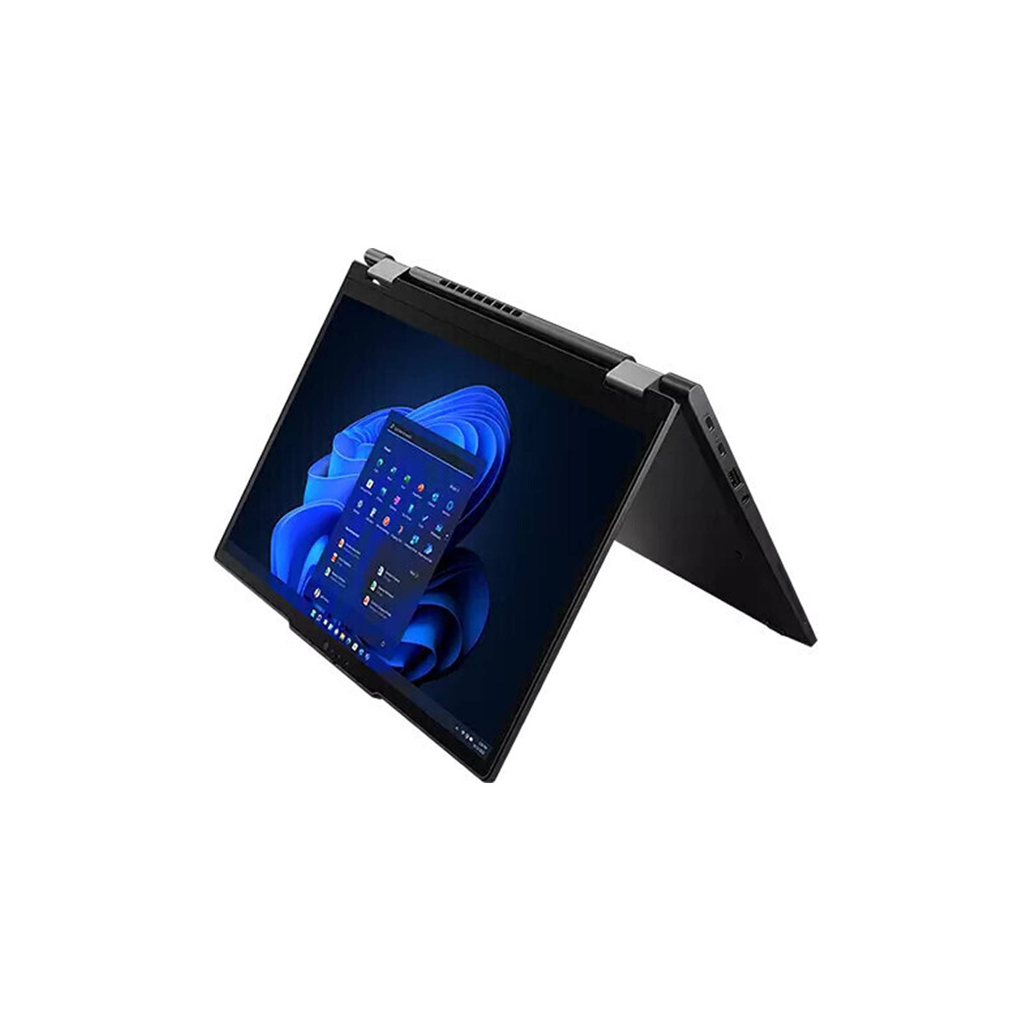2-in-1-Laptop im Zeltmodus mit Touchscreen, auf dem Windows 11 auf weißem Hintergrund angezeigt wird.