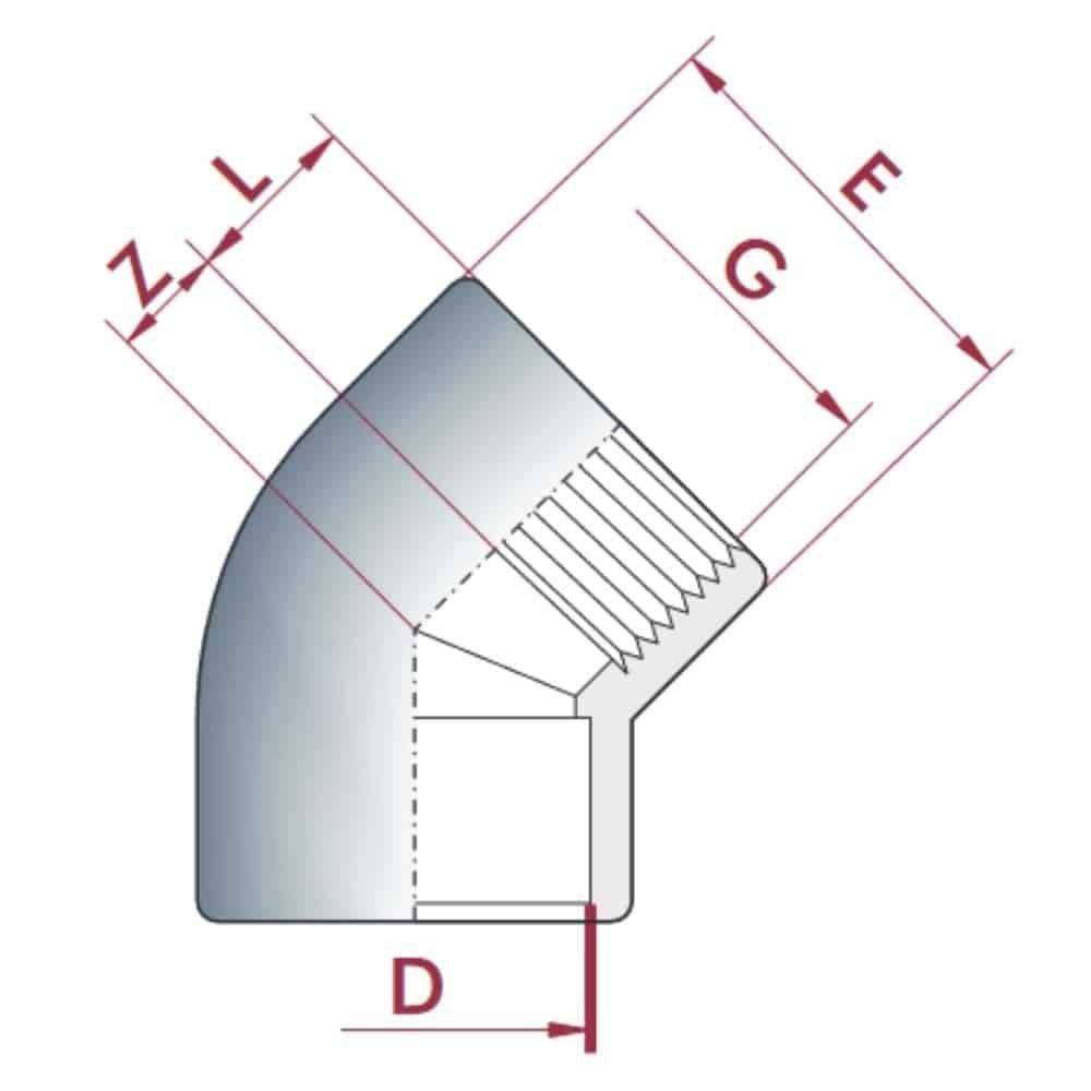 Rohrbogenfitting mit beschrifteten Abmessungen: L, Z, D, G, E. Diagramm zeigt Gewindelage im Inneren und Krümmungsdesign für Rohrleitungssysteme.
