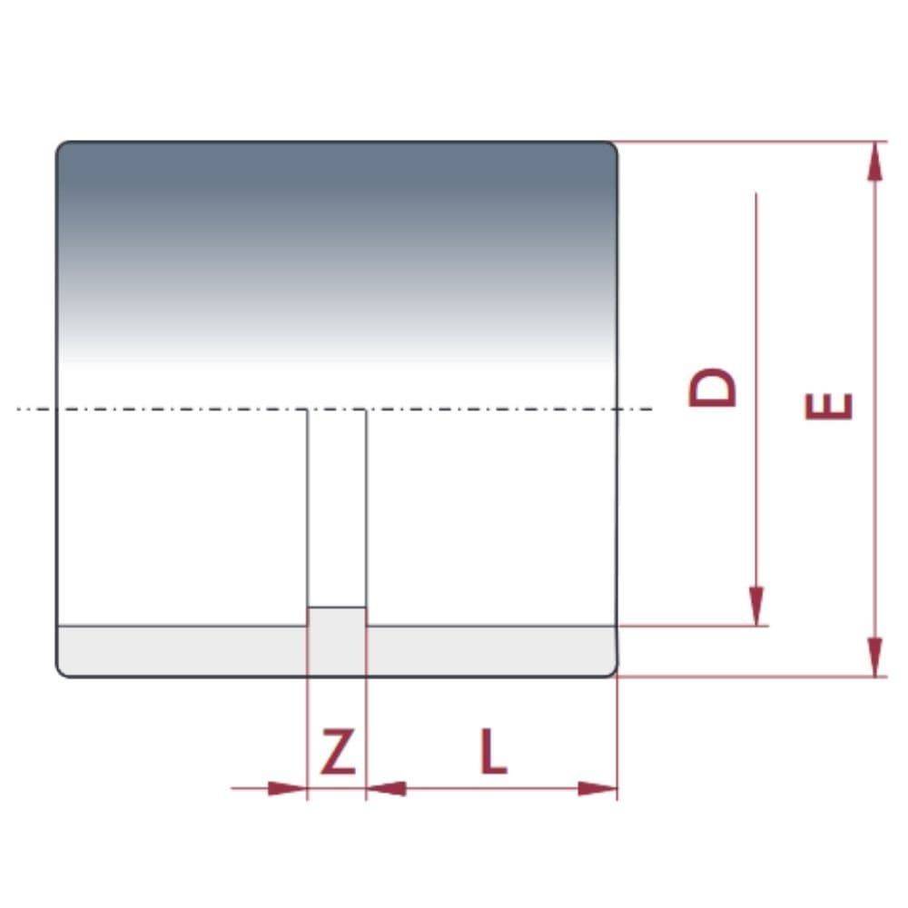 Technisches Diagramm eines zylindrischen Objekts mit vertikal und horizontal eingetragenen Abmessungen, gekennzeichnet als D, E, Z und L.