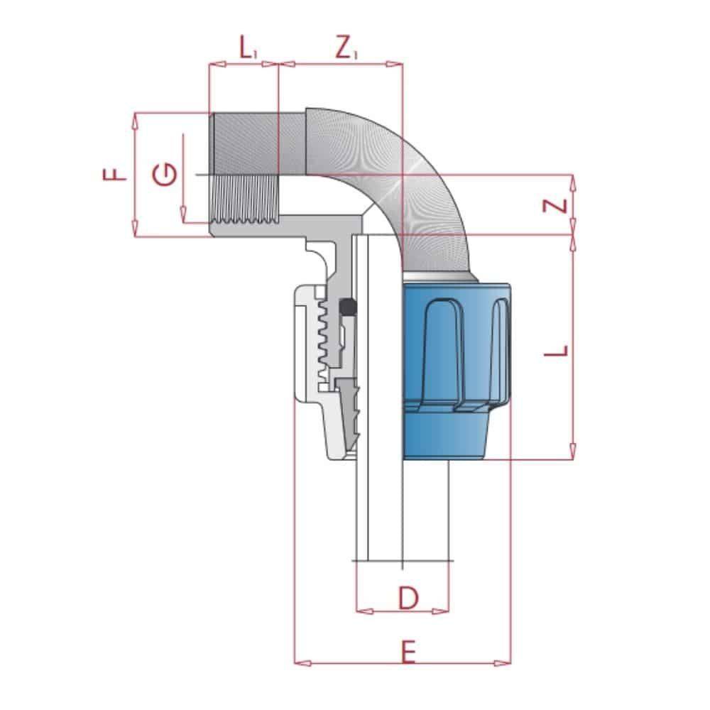 Ein technisches Diagramm einer Rohrbogenfitting mit gekennzeichneten Abmessungen L, Z, F, G, D und E. Die Armatur umfasst ein Gewindelohr und einen blauen Knopf.