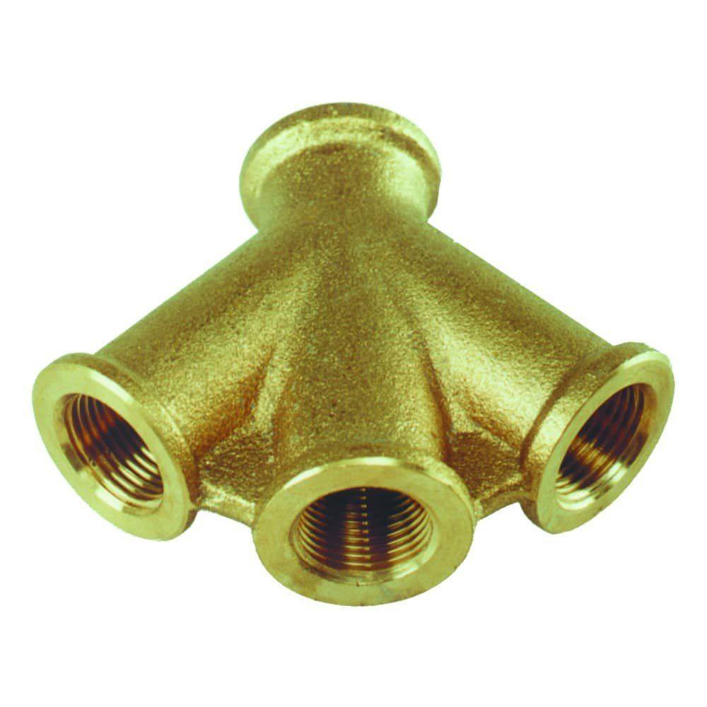 Dreiweg-Messingrohrverbinder mit Gewindeöffnungen an jedem Ende, entwickelt zum Verbinden mehrerer Rohre in Sanitäranwendungen.