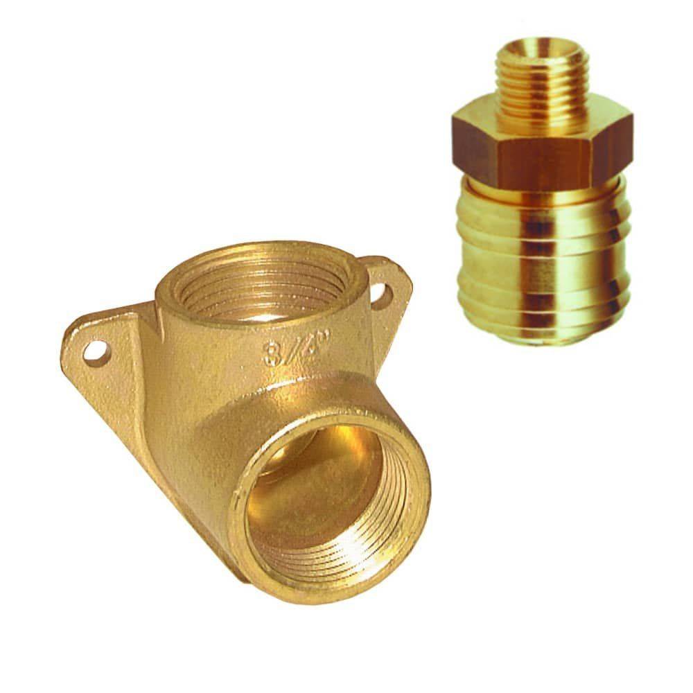 Messingschlauchkupplung mit Flanschen und Messingverbinderadapter.