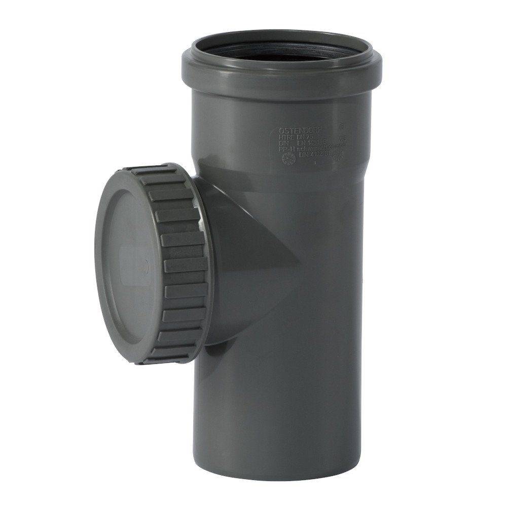 Ein grauer Kunststoffrohr mit einer Seitenöffnung, ausgestattet mit einer abnehmbaren Kappe für den Zugang.