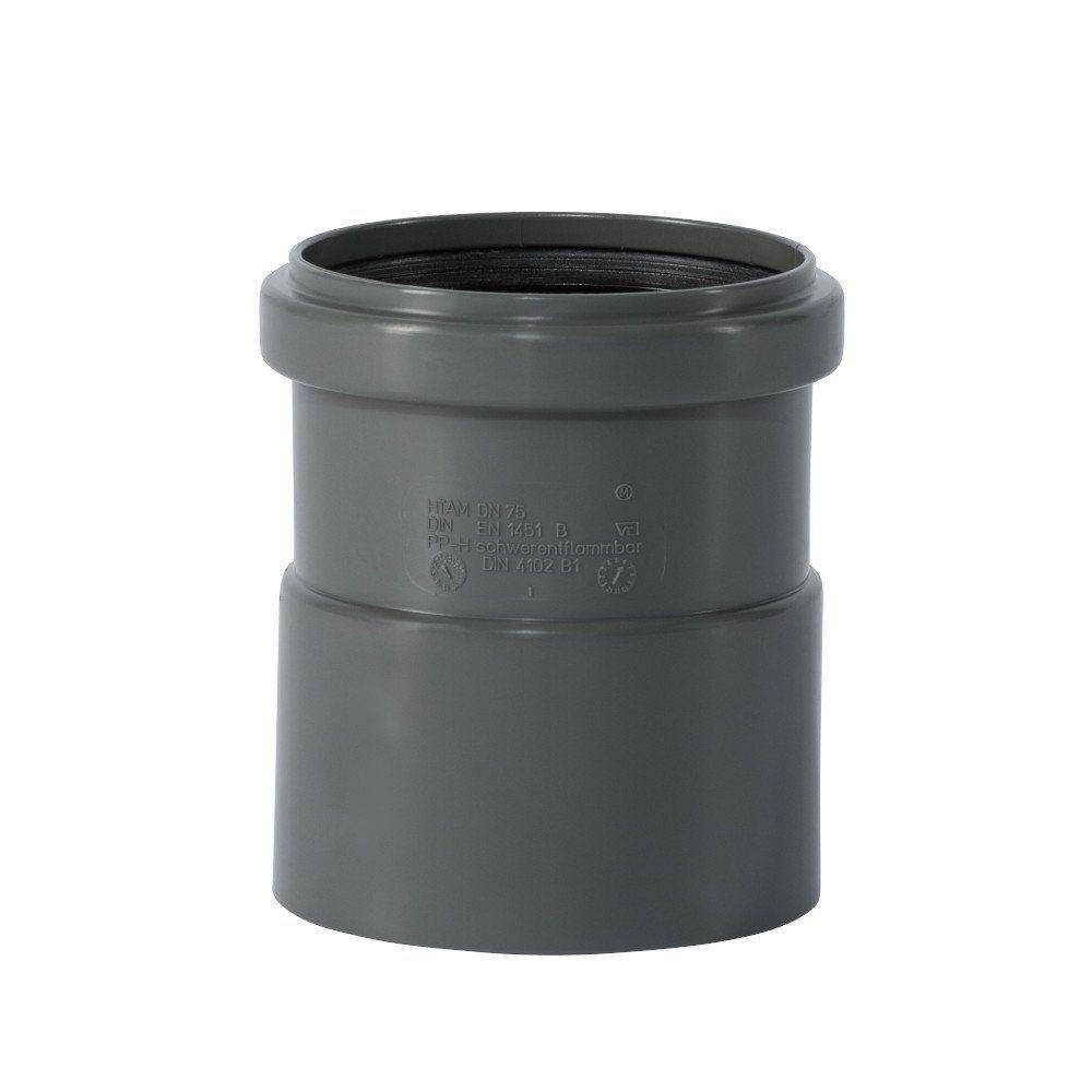 Ein grauer Sanitärrohr-Adapter mit doppelten Steckerverbindungen zum Verbinden von Rohren. Hergestellt aus strapazierfähigem Kunststoffmaterial.