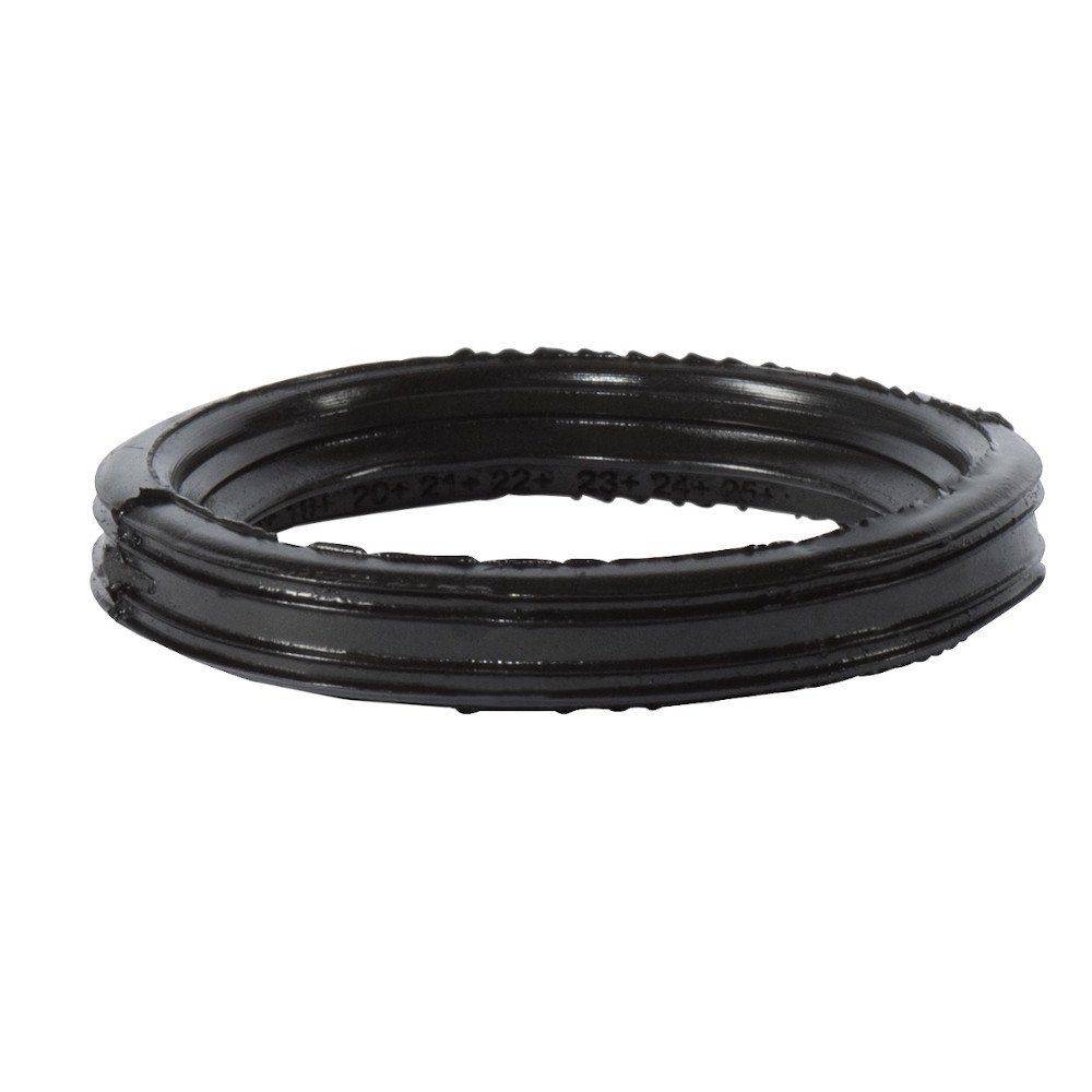 Ein schwarzes Dichtungsring sitzt auf einem weißen Hintergrund und zeigt eine kreisförmige Form mit gerillten Kanten, die typischerweise in Dichtsanwendungen verwendet wird.