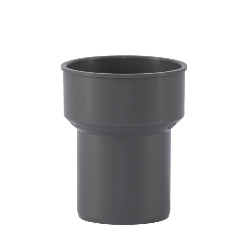 Kunststoffrohrverbinder in Dunkelgrau, zylindrisch mit einem breiteren aufgeflachten oberen Bereich, verwendet zum Verbinden von Rohren unterschiedlicher Größen in der Sanitärinstallation.