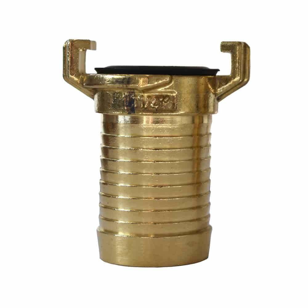 Messingschlauchverbinder mit gerilltem Gehäuse und zwei Haken oben zum Befestigen, verwendet zum Verbinden von Schläuchen für Wasserdurchfluss oder Bewässerungszwecke.