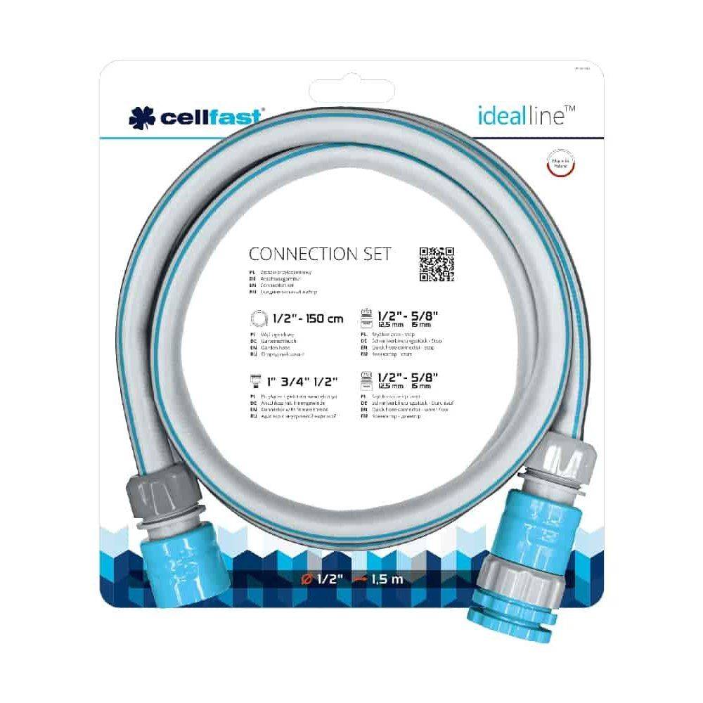 Ein aufgerollter Bewässerungsschlauch-Verbindungssatz mit grauen und blauen Anschlüssen auf einer Verpackungskarte mit der Bezeichnung 