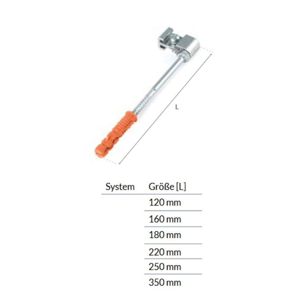 Bild eines Metall- und orangefarbenen Bauwerkzeugs mit einer Tabelle, die Systemgrößen auflistet: 120 mm, 160 mm, 180 mm, 220 mm, 250 mm, 350 mm.