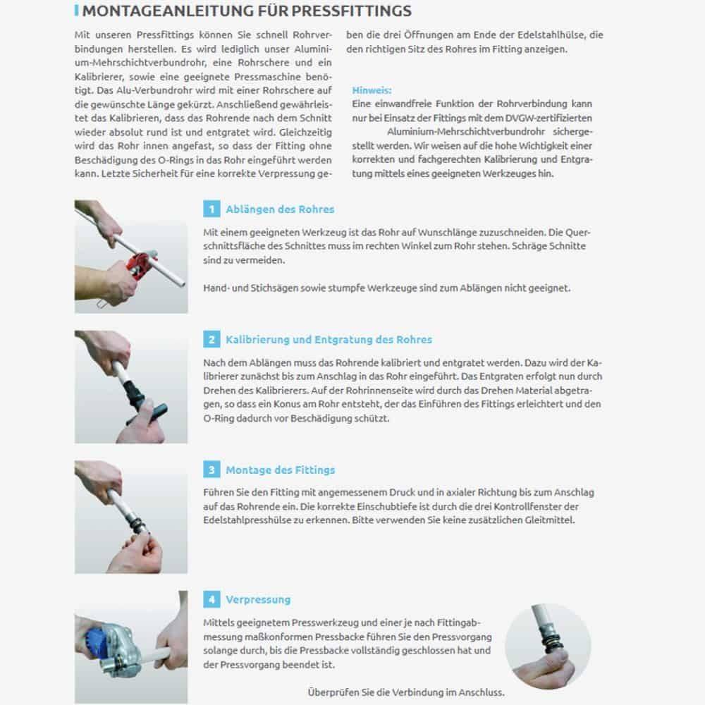 Das Dokument ist ein Handbuch für Pressfittings mit schrittweisen Anweisungen und Abbildungen zur Werkzeugvorbereitung, Kalibrierung und Fitting-Installation.