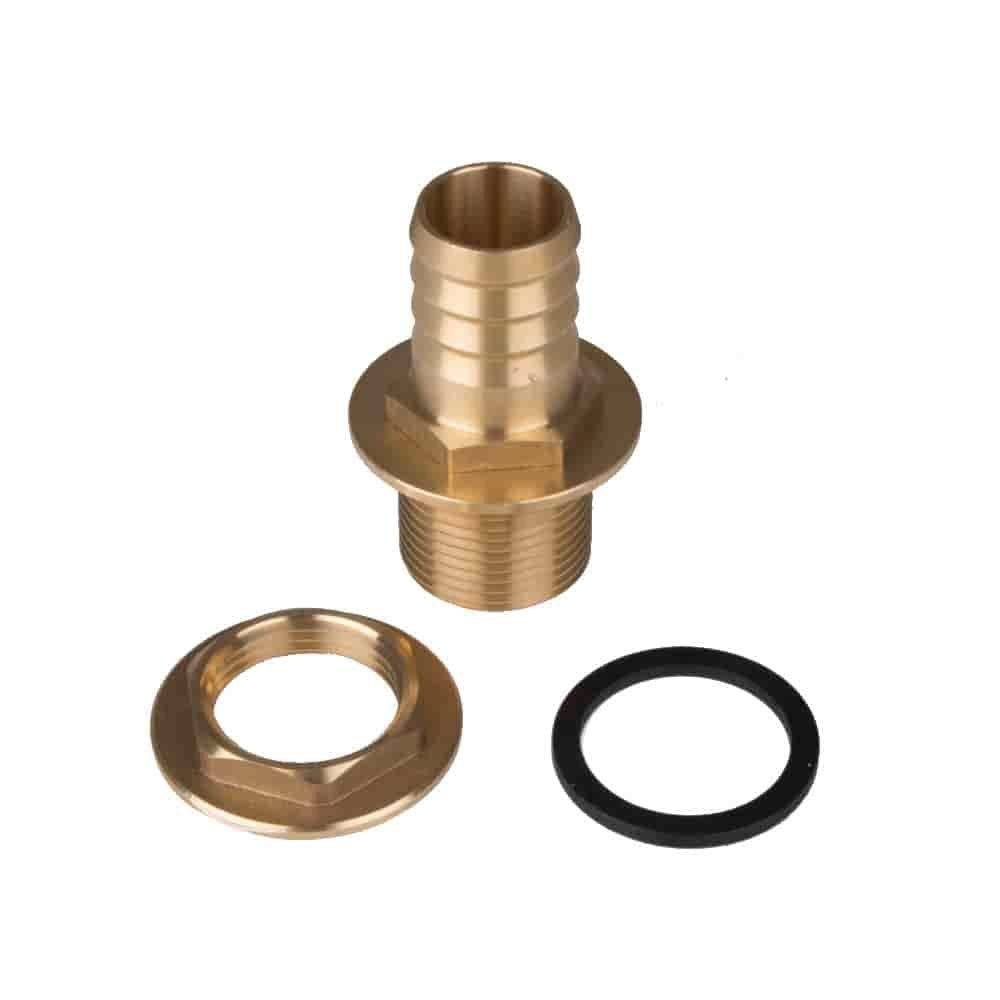 Messingschlauchschelle mit Gewinde und Gummidichtung, verwendet zum Verbinden von Schläuchen und Rohren in Sanitärsystemen.