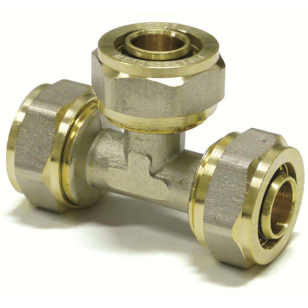 Ein T-förmiges Metallinstallationsfitting mit drei Anschlüssen, bestehend aus Messing- und Silberkomponenten, das zum Verbinden von Rohren verwendet wird.