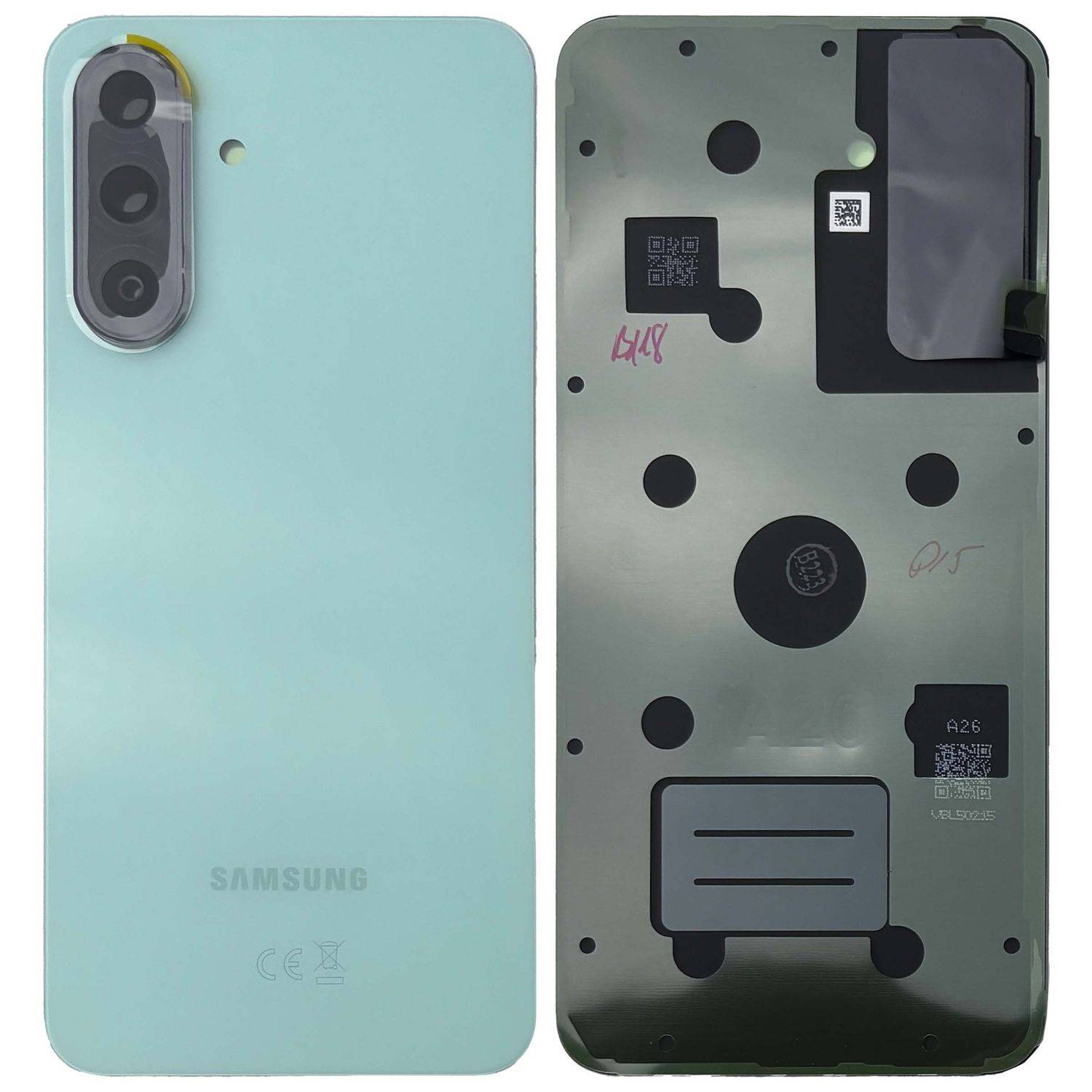 „Vorder- und Rückansicht eines zerlegten Smartphones mit Kameramodul, internen Komponenten und mintgrüner Rückseite.