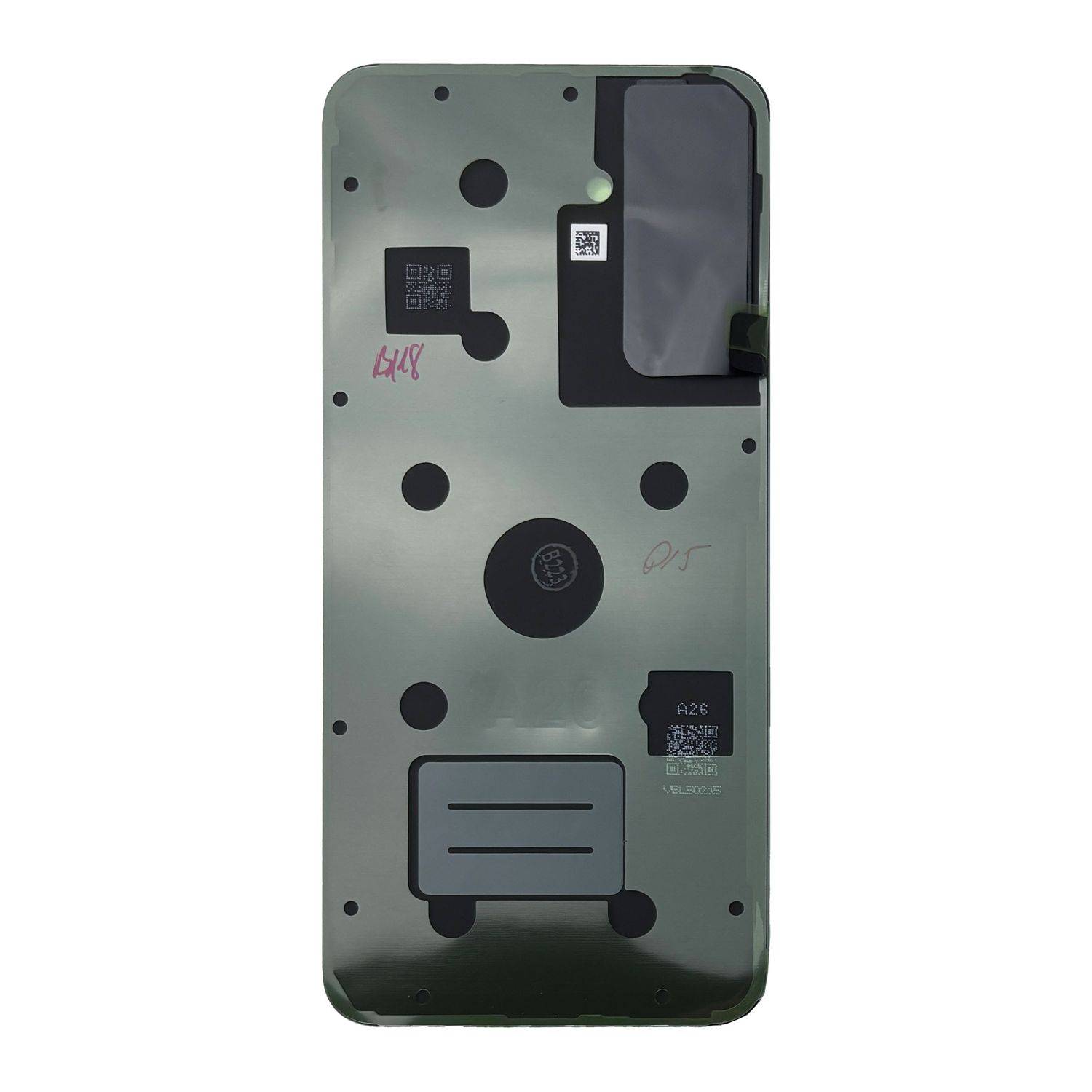 Eine rechteckige grüne Komponente mit mehreren kreisförmigen Markierungen, einem schwarzen oberen Bereich, zwei QR-Codes und der handschriftlichen Nummer „418