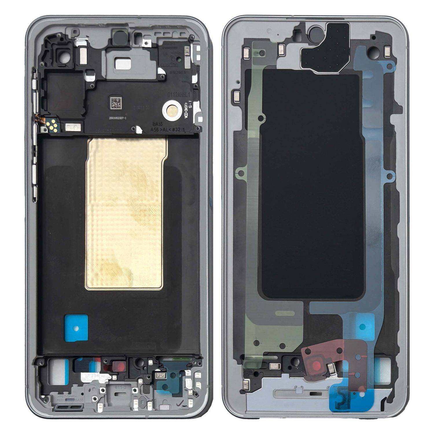 Auseinandergebautes Smartphone, das interne Komponenten wie Batteriefach, Leiterplatten und Anschlüsse auf der Vorder- und Rückseite zeigt.