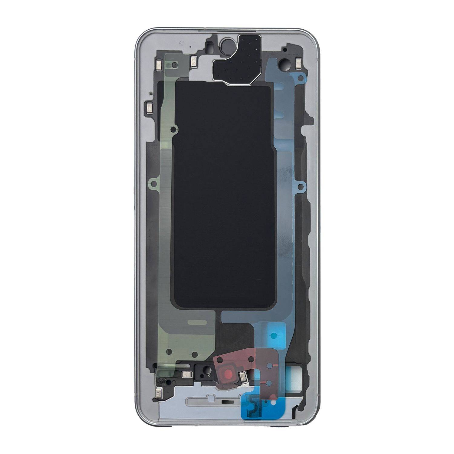 Vorder- und Rückansicht einer Smartphone-Schutzhülle mit internen Komponenten, einschließlich Leiterplatte und Batteriefach, ohne Batterie oder Bildschirm.