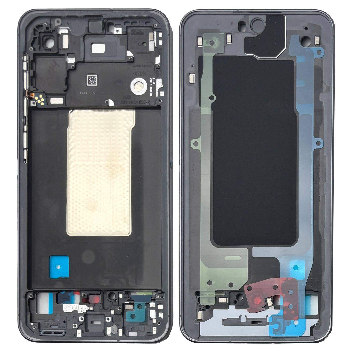 Innenansicht von zwei nebeneinander angeordneten Smartphone-Gehäusen, die interne Komponenten, Schaltungsdetails und Montageflächen für Teile zeigen.