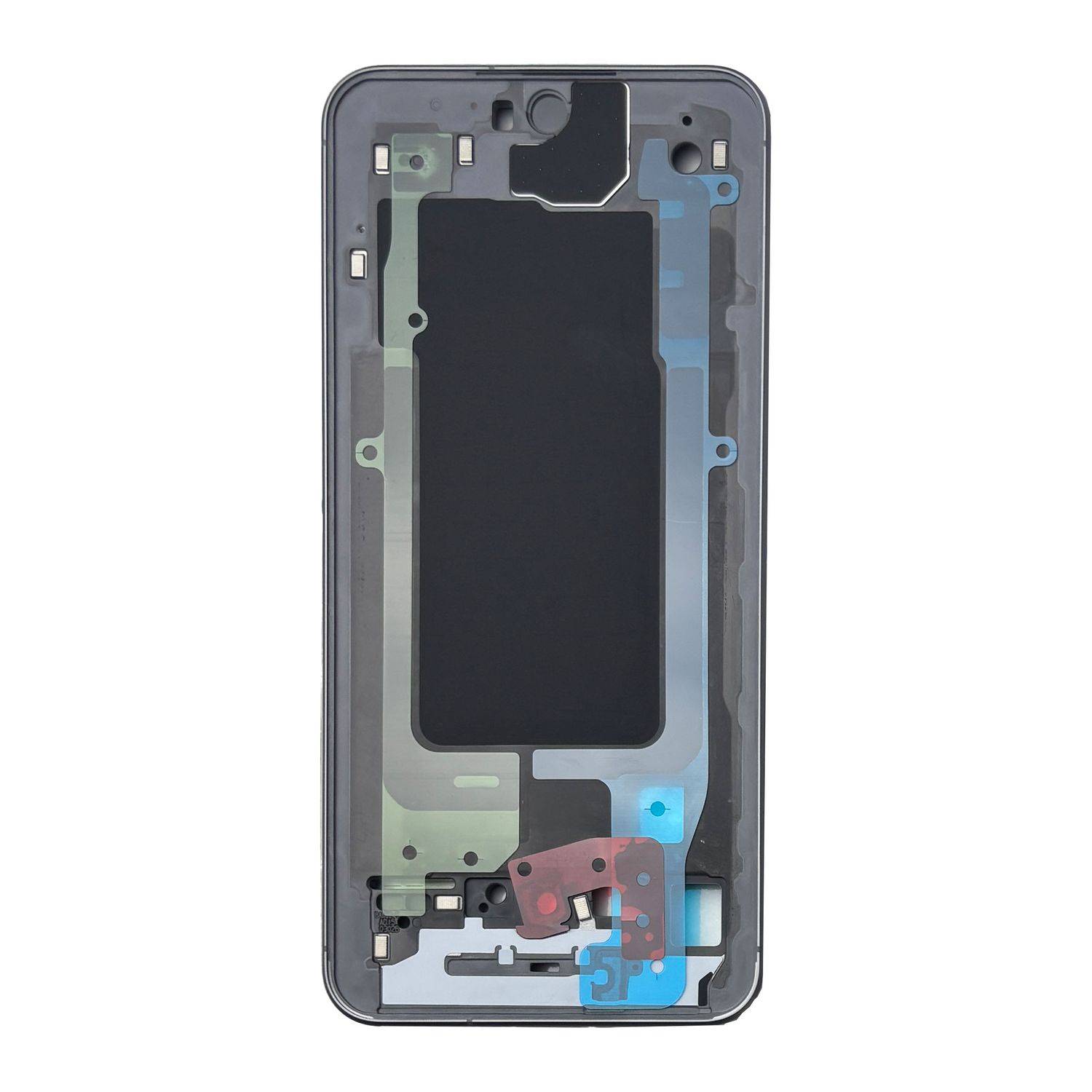 Innenansicht eines Smartphones mit Komponenten wie dem Batterieplatz, dem Kameramodul und verschiedenen Schaltkreisen auf einem Metallrahmen.