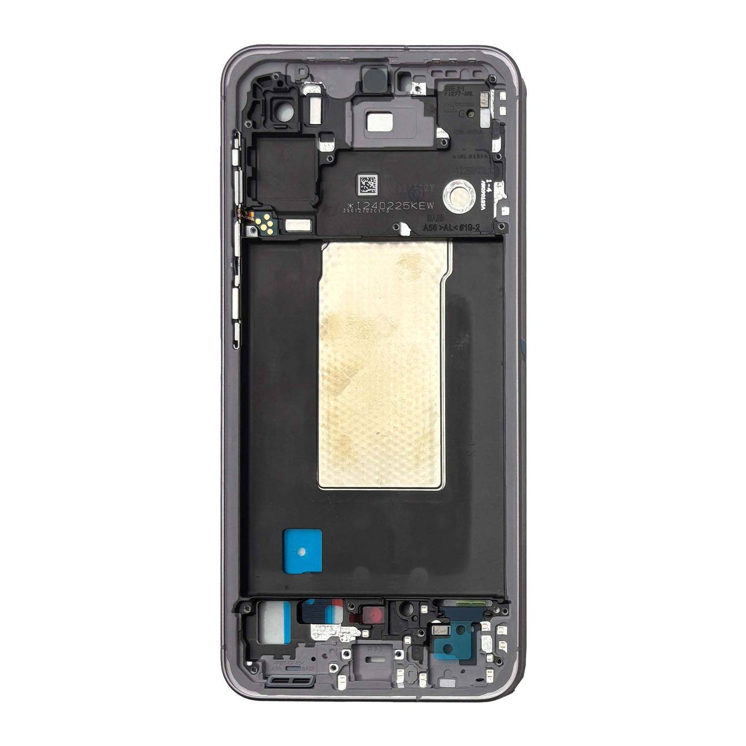 Telefonhülle von innen, zeigt interne Komponenten wie Leiterplatten und Steckverbinder, mit Fokus auf Struktur und Designelemente.