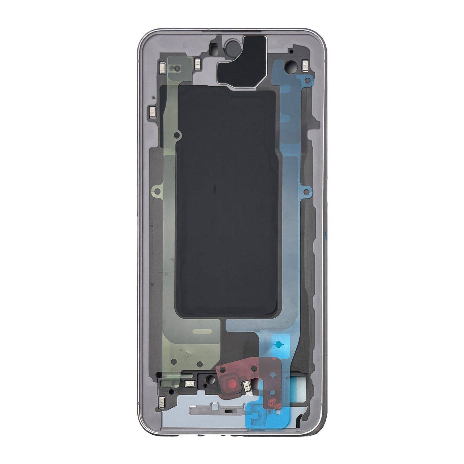 Smartphone-Anzeigekomponente mit internem Rahmen und Montageelementen mit verschiedenen farbigen Bereichen, die unterschiedliche Abschnitte anzeigen.