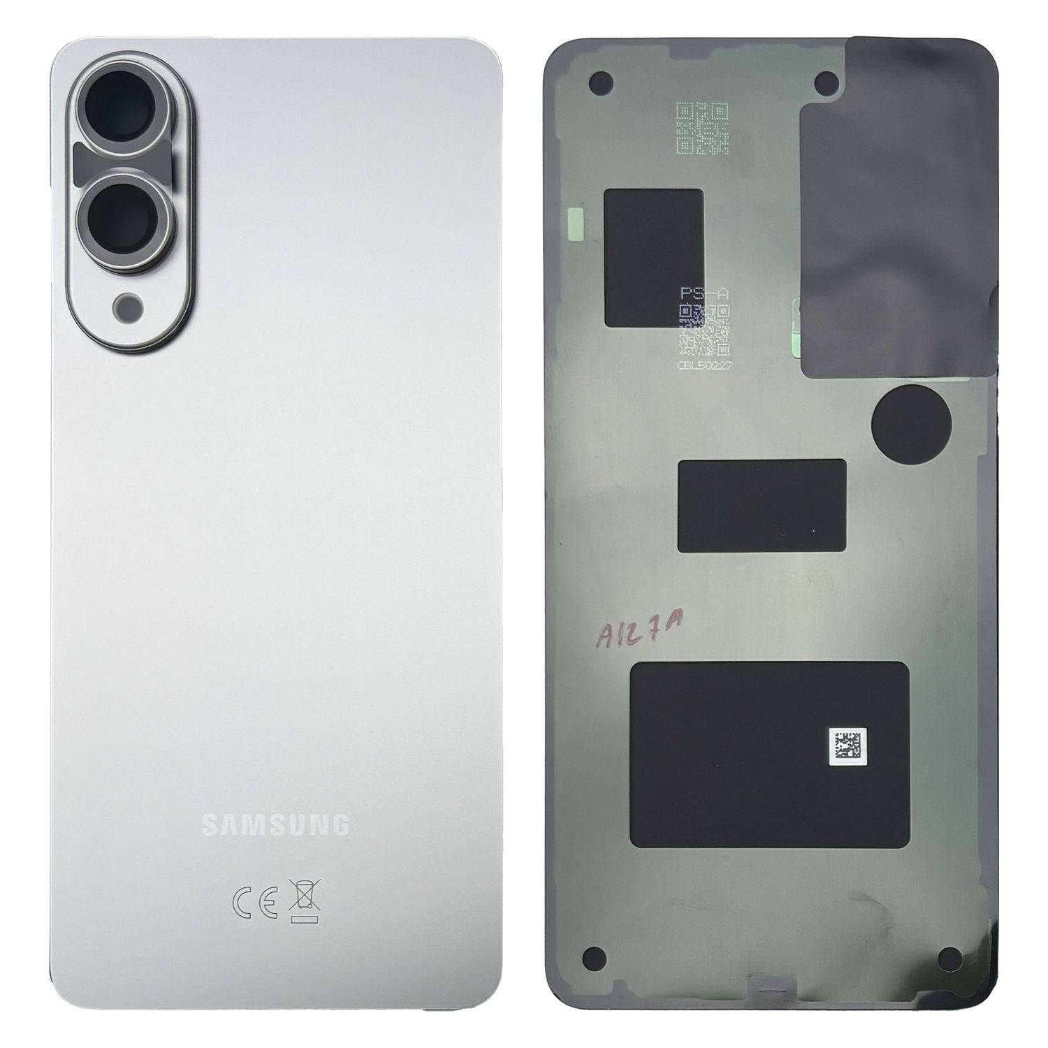 Silbernes Smartphone-Rückpanel mit zwei Kameraausschnitten und 