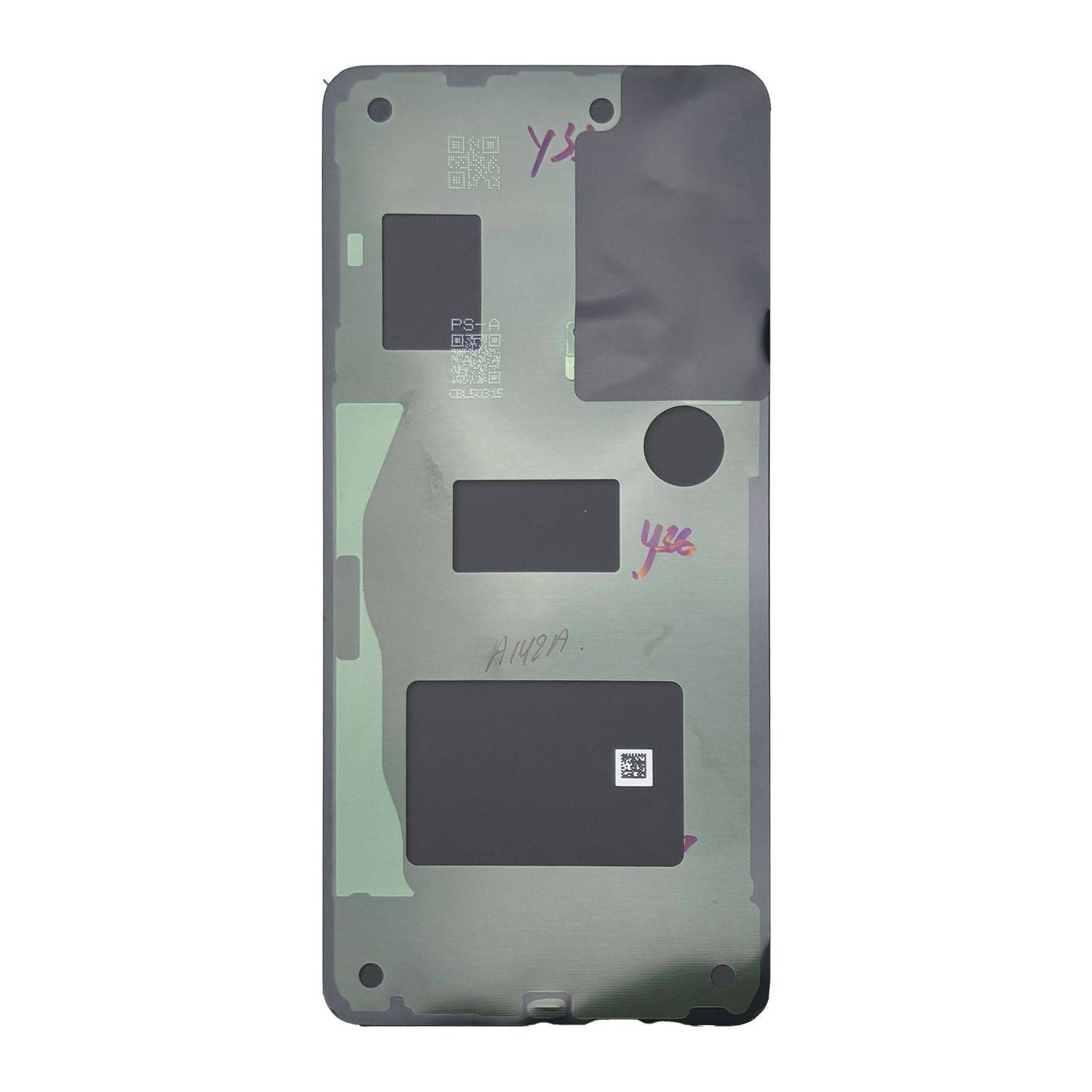 Das Bild zeigt die innere Rückseite eines Smartphone-Rückpanels und enthüllt verschiedene Komponenten und Herstellerkennzeichnungen.