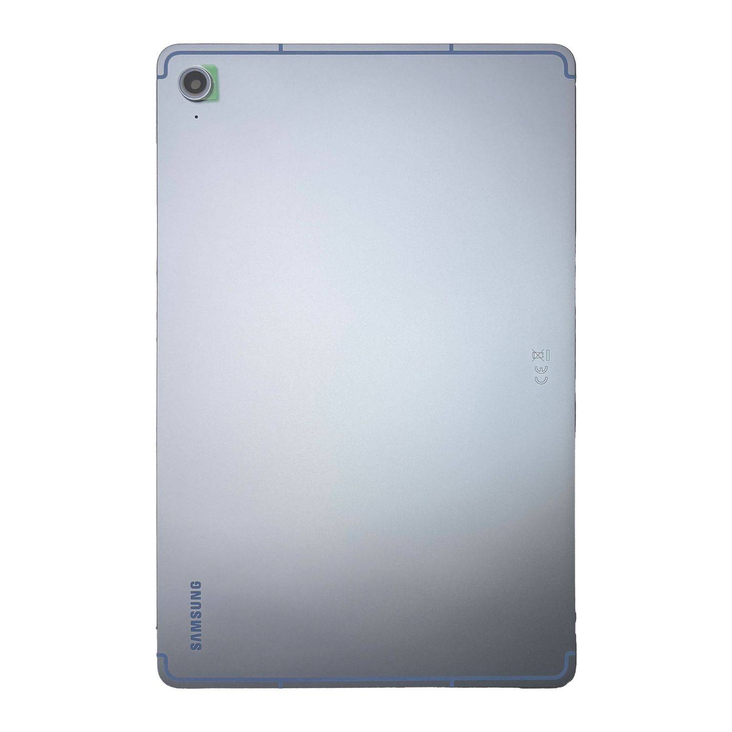 Eine Rückansicht eines grauen Samsung-Tablets mit einer Kamera in der oberen linken Ecke und einem Markenlogo an der unteren linken Kante.