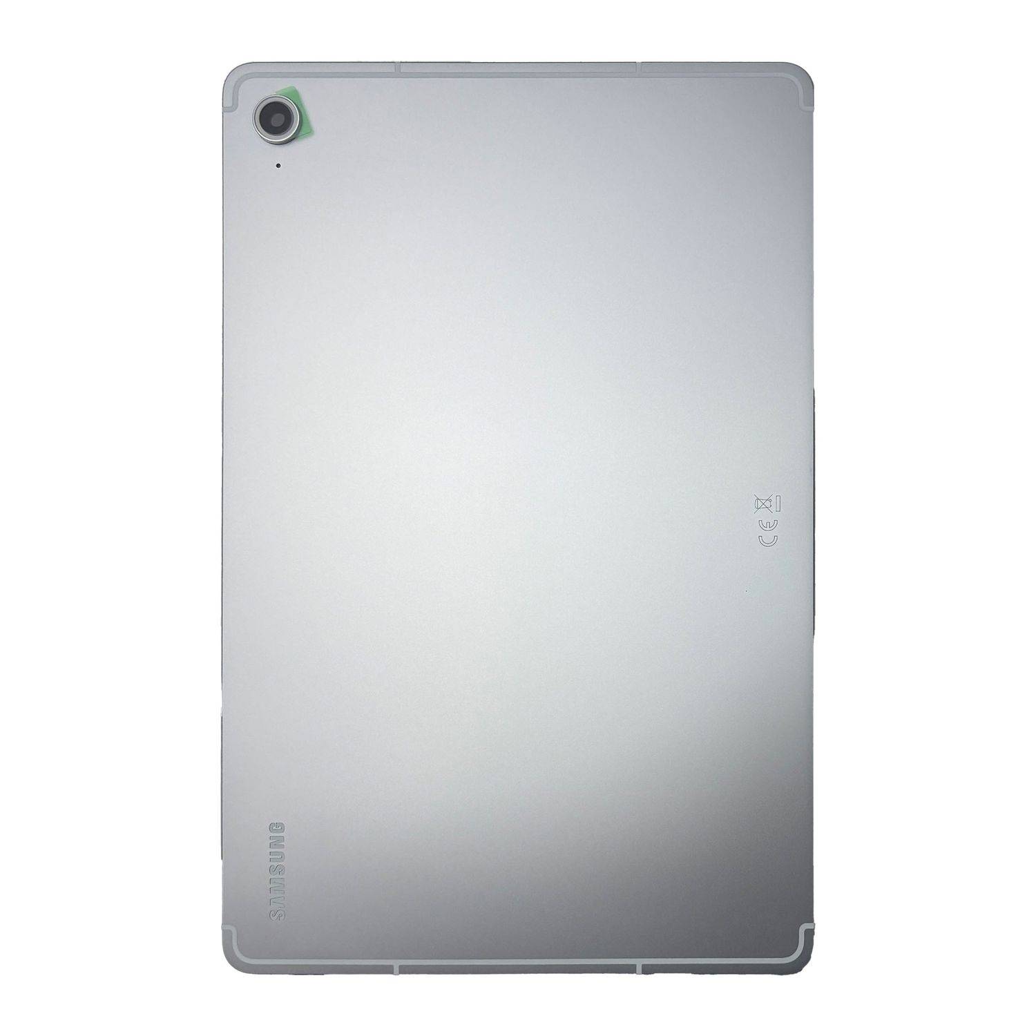 Das Bild zeigt die Rückseite eines metallischen silbernen Tablets mit einer rückseitigen Kamera in der oberen linken Ecke.