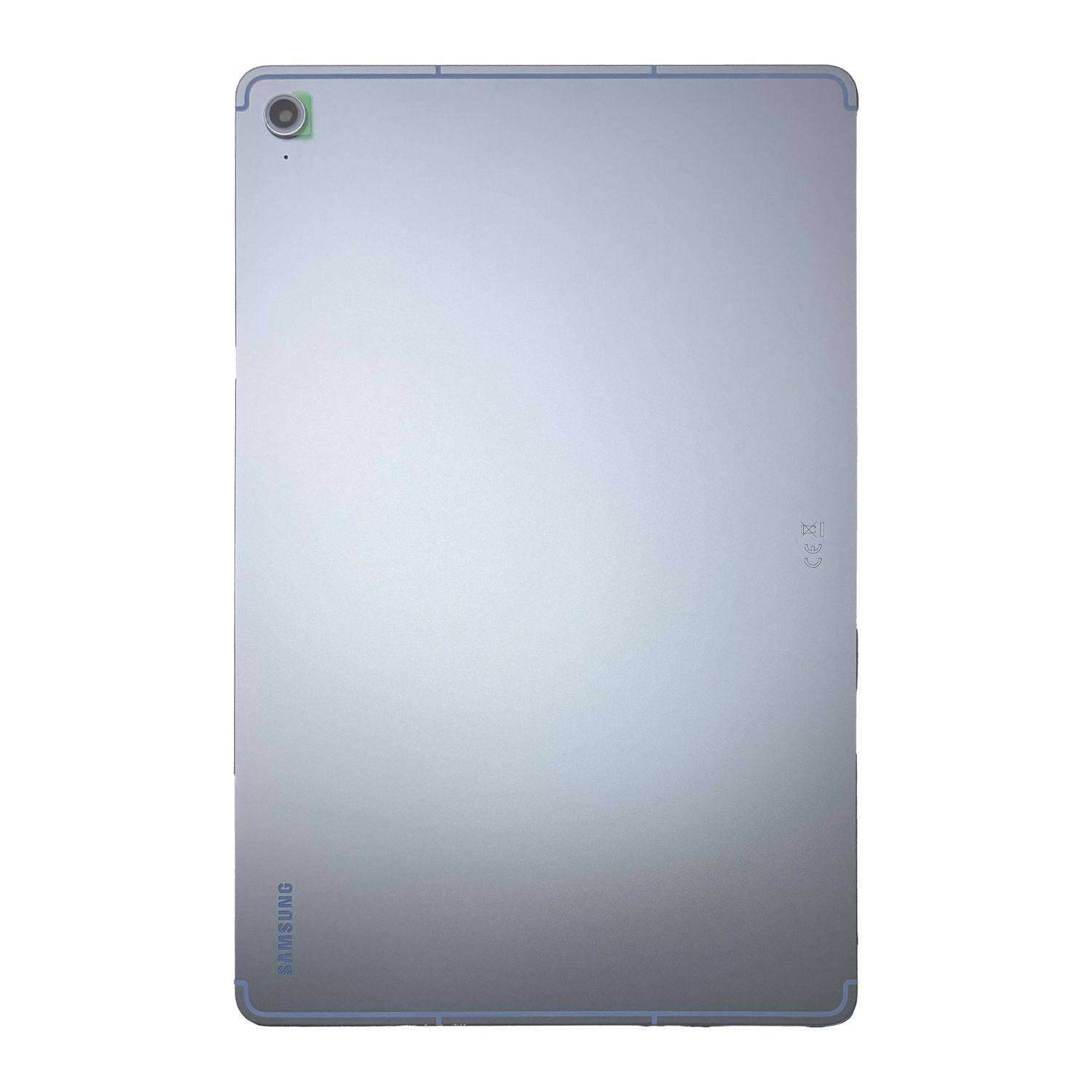 Das Bild zeigt die Rückansicht eines metallischen Samsung-Tablets mit einer Kamera in der oberen linken Ecke.