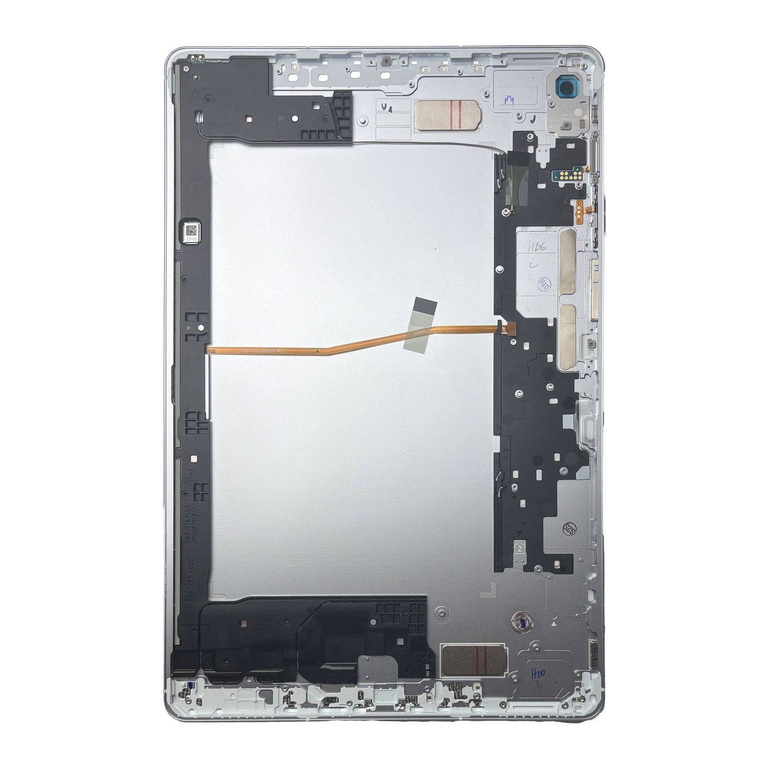 Rückansicht eines zerlegten Tablet-Gehäuses, die die inneren Komponenten ohne Batterie oder Bildschirm zeigt, wobei der Rahmen und die Anschlüsse hervorgehoben werden.