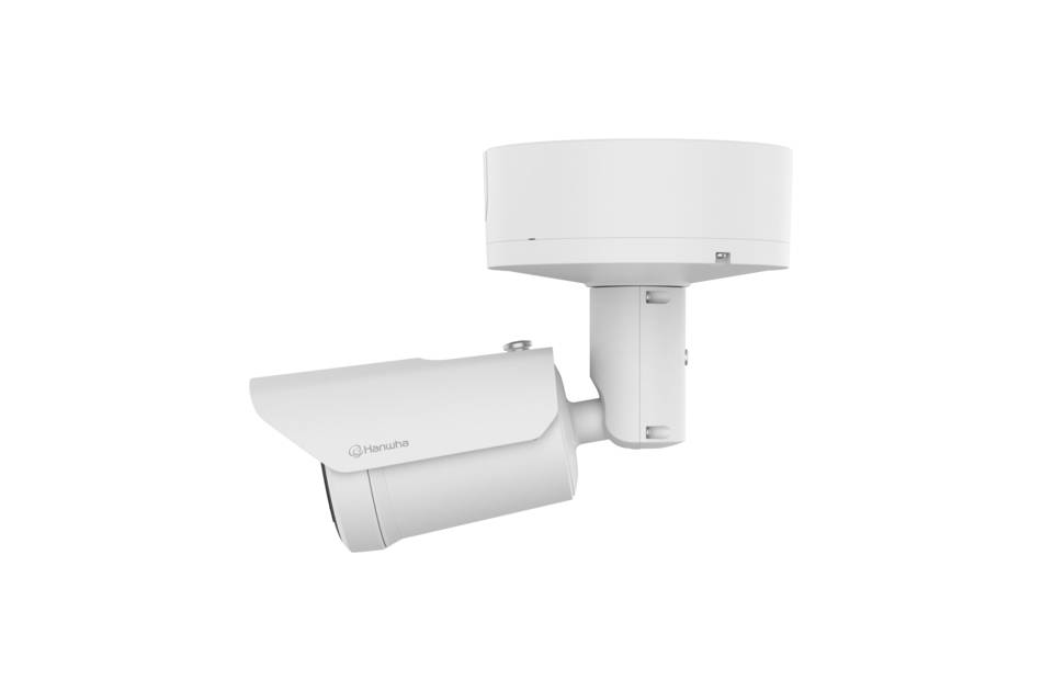 Eine weiße Überwachungskamera mit einem zylindrischen Gehäuse und einer Montageklammer, gekennzeichnet mit einem Markennamen.