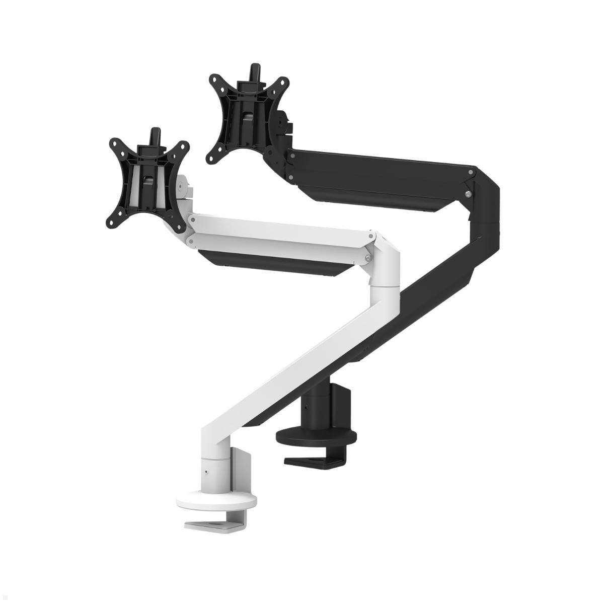 Dual-Monitor-Arm-Halterung mit schwarzen und weißen verstellbaren Armen, die für eine ergonomische Positionierung von Bildschirmen auf einem Schreibtisch entwickelt wurden.