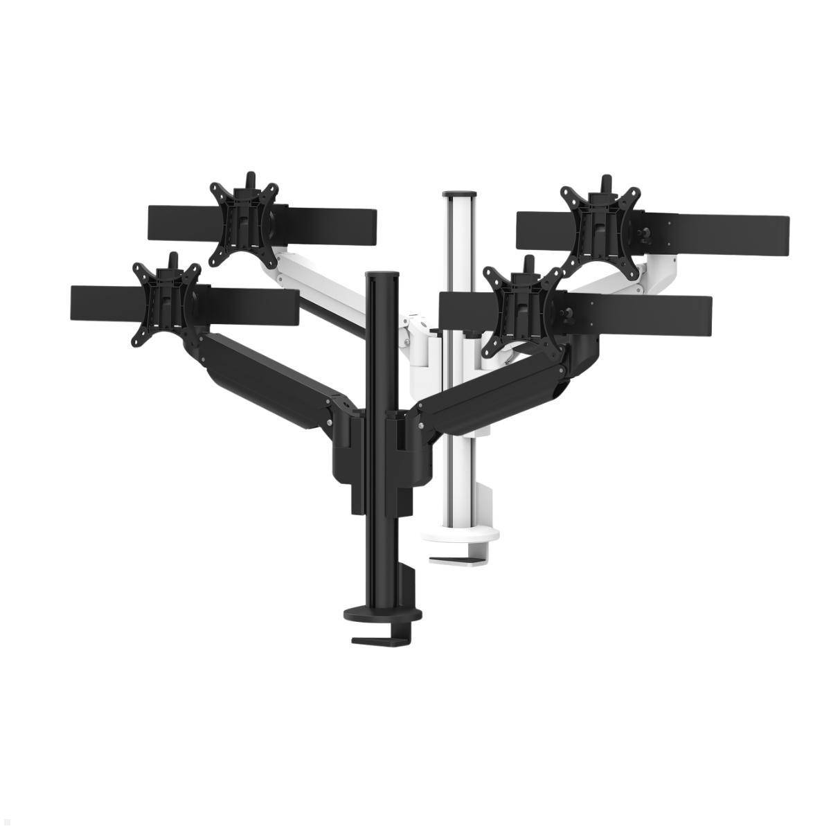 Ein Computermonitorständer mit verstellbaren Armen zum Halten mehrerer Bildschirme, konzipiert für organisierte und ergonomische Arbeitsplatzeinrichtungen.