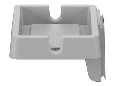 Ein grauer rechteckiger Kunststoffblock mit einer vertieften Fläche und gerillten Seiten, möglicherweise eine Komponente oder ein Halter für ein Objekt.