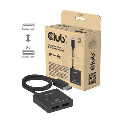 Das Bild zeigt ein Club3D DisplayPort 1.4 Switch-Box-Set mit Verpackung. Es verfügt über eine Switch-Box und ein DisplayPort-Kabel und ist als 2-in-1 gekennzeichnet.