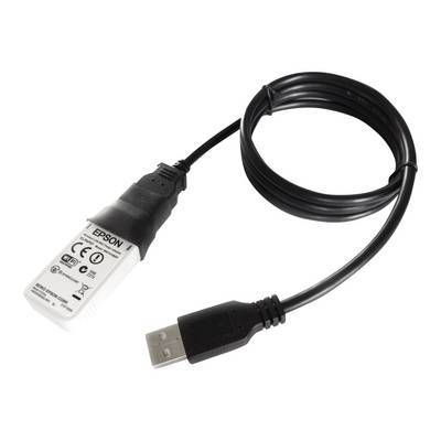 Ein schwarzes USB-Kabel mit einem Epson-Stecker, das Zertifizierungsmarken anzeigt und die Kompatibilität mit bestimmten Epson-Geräten angibt.