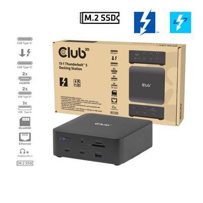Club 3D Thunderbolt 5 Docking-Station und Box. Die Funktionen umfassen USB Type-C, HDMI, Ethernet und M.2 SSD-Unterstützung mit mehreren Anschlüssen.