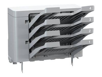 Ein Stapel aus fünf grauen Tabletts, die sich von einer Maschine auf der linken Seite erstrecken, was auf ein Mehrfach-Tabletts-Sortier- oder Organisationsgerät hindeutet.