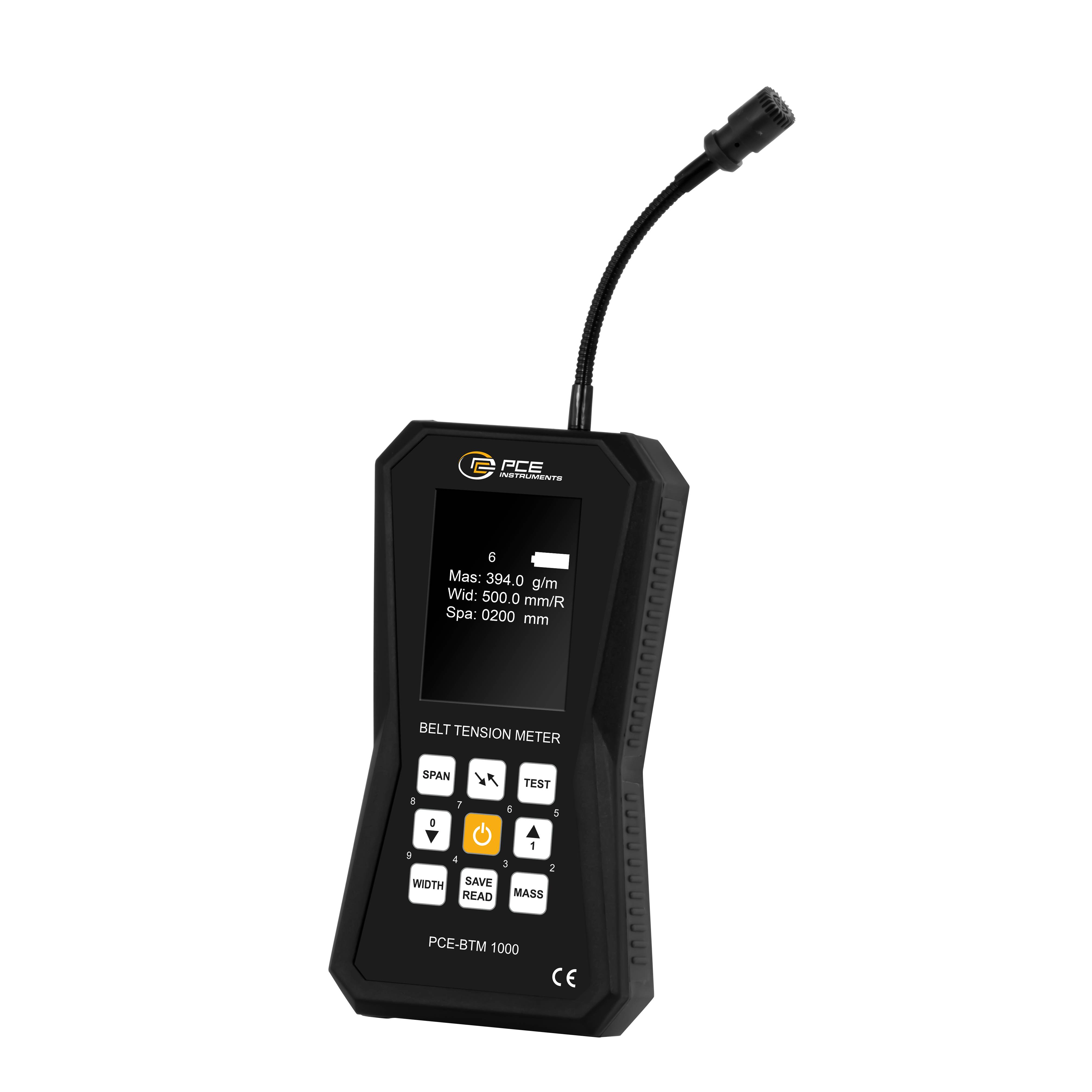 Ein digitales Riemenspannungsmessgerät mit einer flexiblen Sensorsonde, das Messwerte auf dem Bildschirm anzeigt und zur Überprüfung der Riemenspannung verwendet wird.