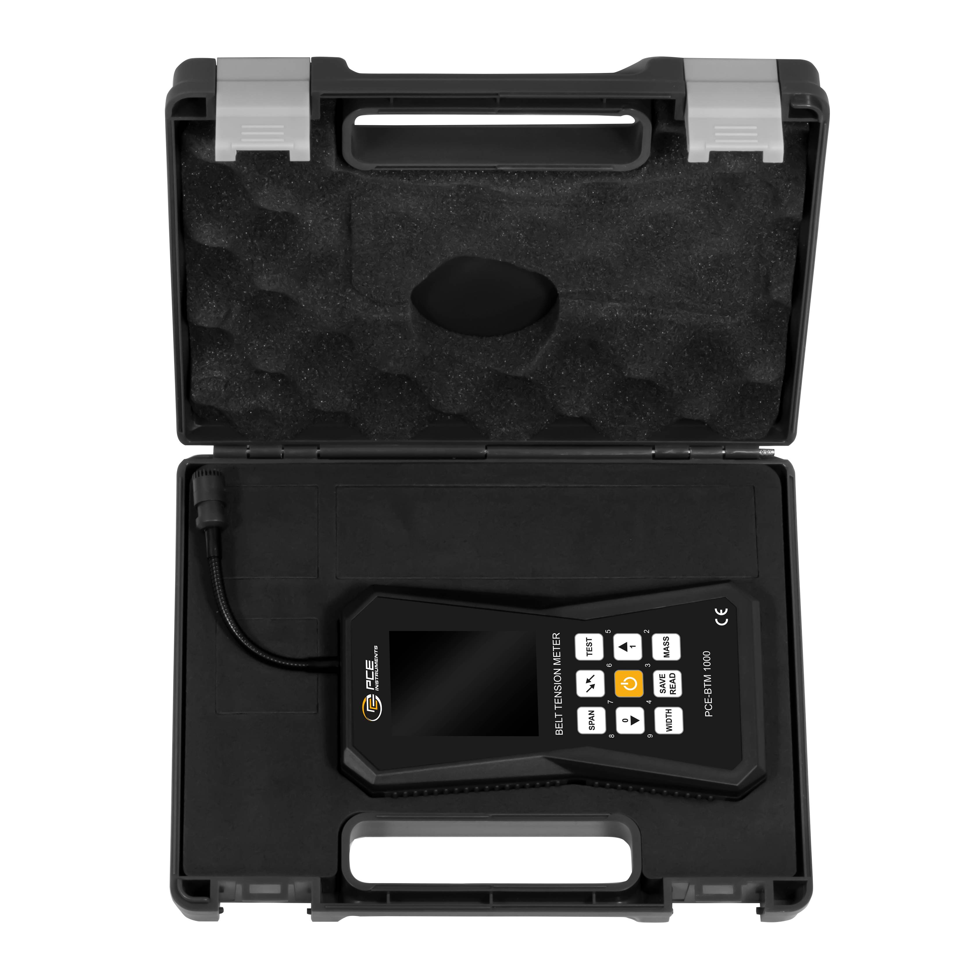 Ein schwarzes Kfz-Diagnosegerät mit Tasten und einem Bildschirm, das sich in einem offenen schwarzen Tragekoffer mit maßgeschneiderter Schaumstoffpolsterung befindet.
