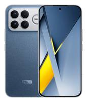 Vorder- und Rückseite eines blauen POCO-Smartphones, das seinen großen Bildschirm und das Quad-Kamera-Modul auf der Rückseite zeigt.