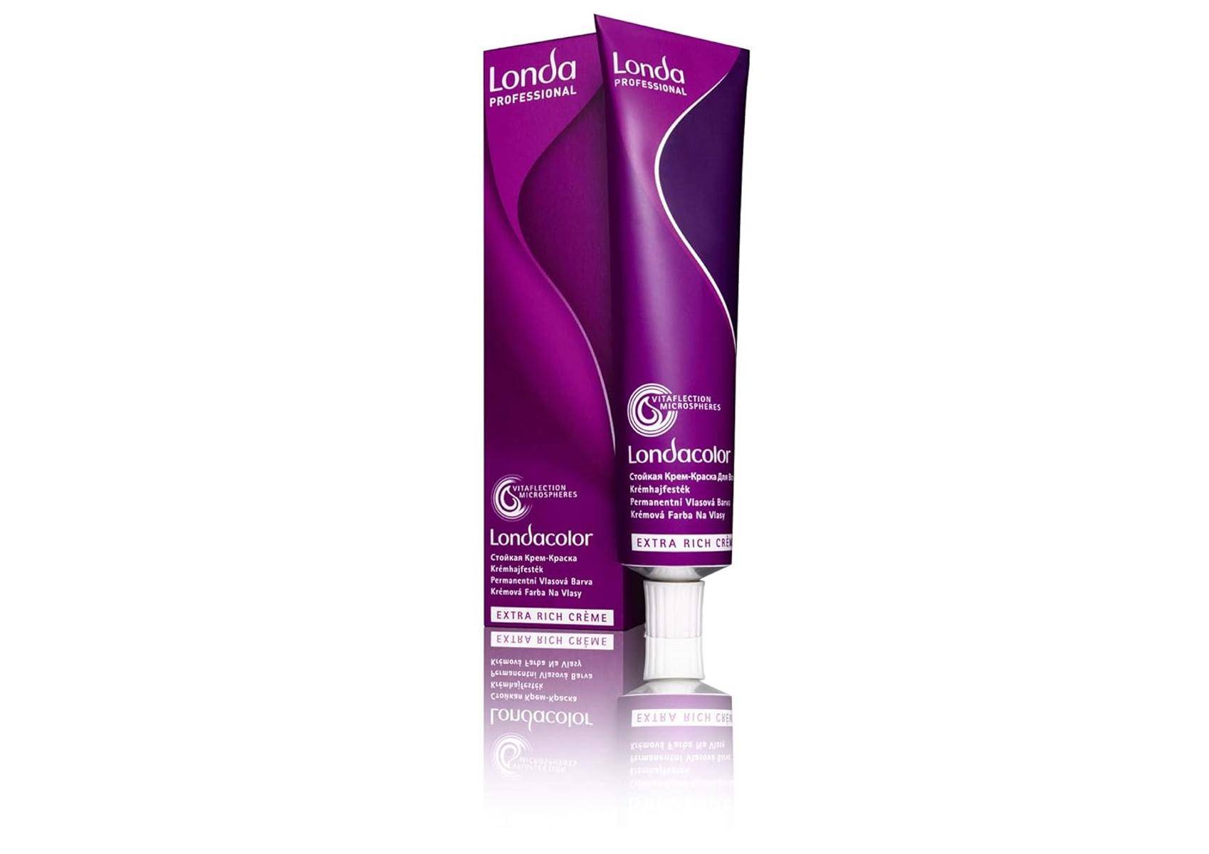 Violette Londa Professional Londacolor extra reichhaltige Creme in Tube und Box mit Farbinspirationsquellen und aufgelisteten Vorteilen auf der Verpackung.