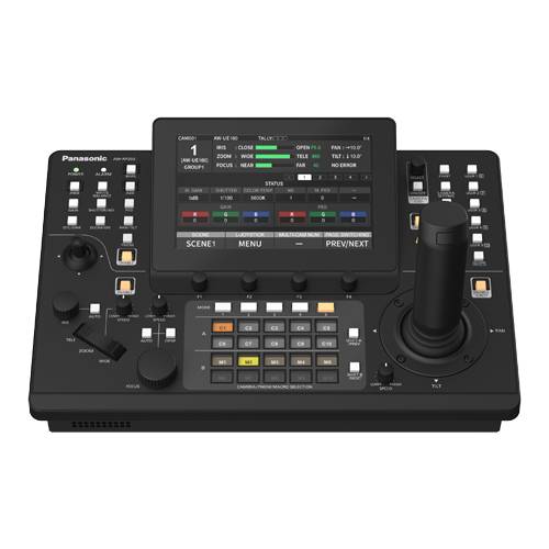 Ein schwarzes Panasonic-Kamerakontrollpaneel mit Touchscreen-Display, Joystick und verschiedenen Schaltflächen zur Verwaltung von Multi-Kamera-Setups.