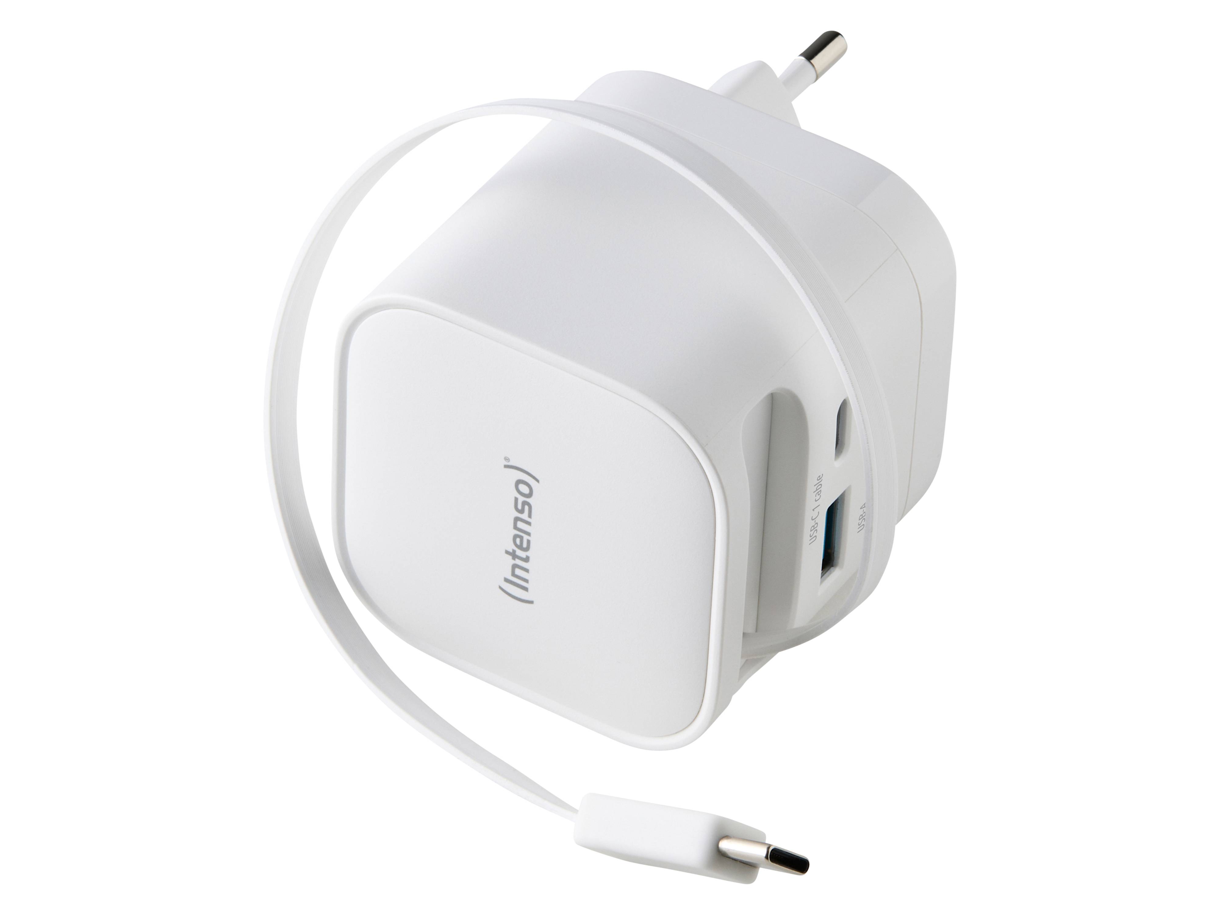 INTENSO Schnellladegerät, 65 W, ausziehbares USB-C Kabel, EU-Stecker, weiß