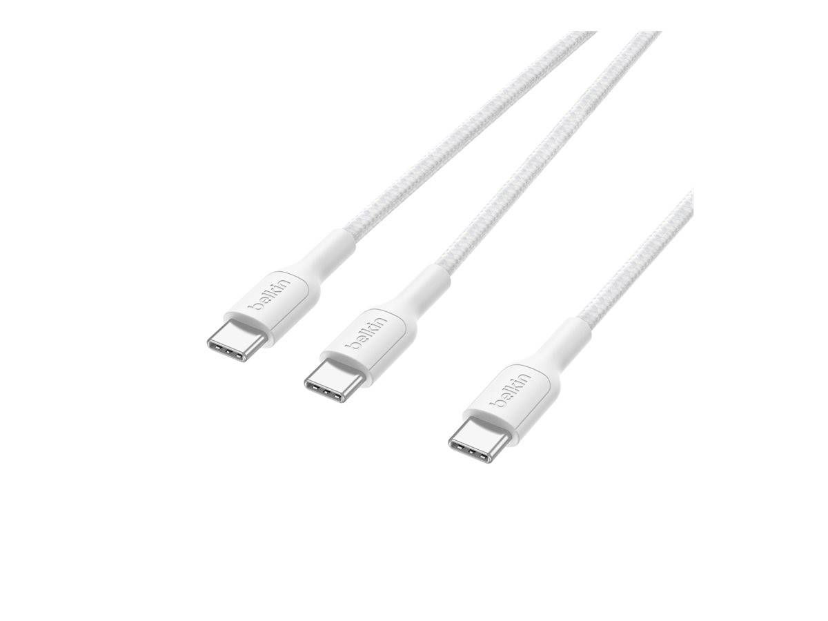 Drei weiße USB-C-Ladekabel auf einfachem weißem Hintergrund dargestellt.