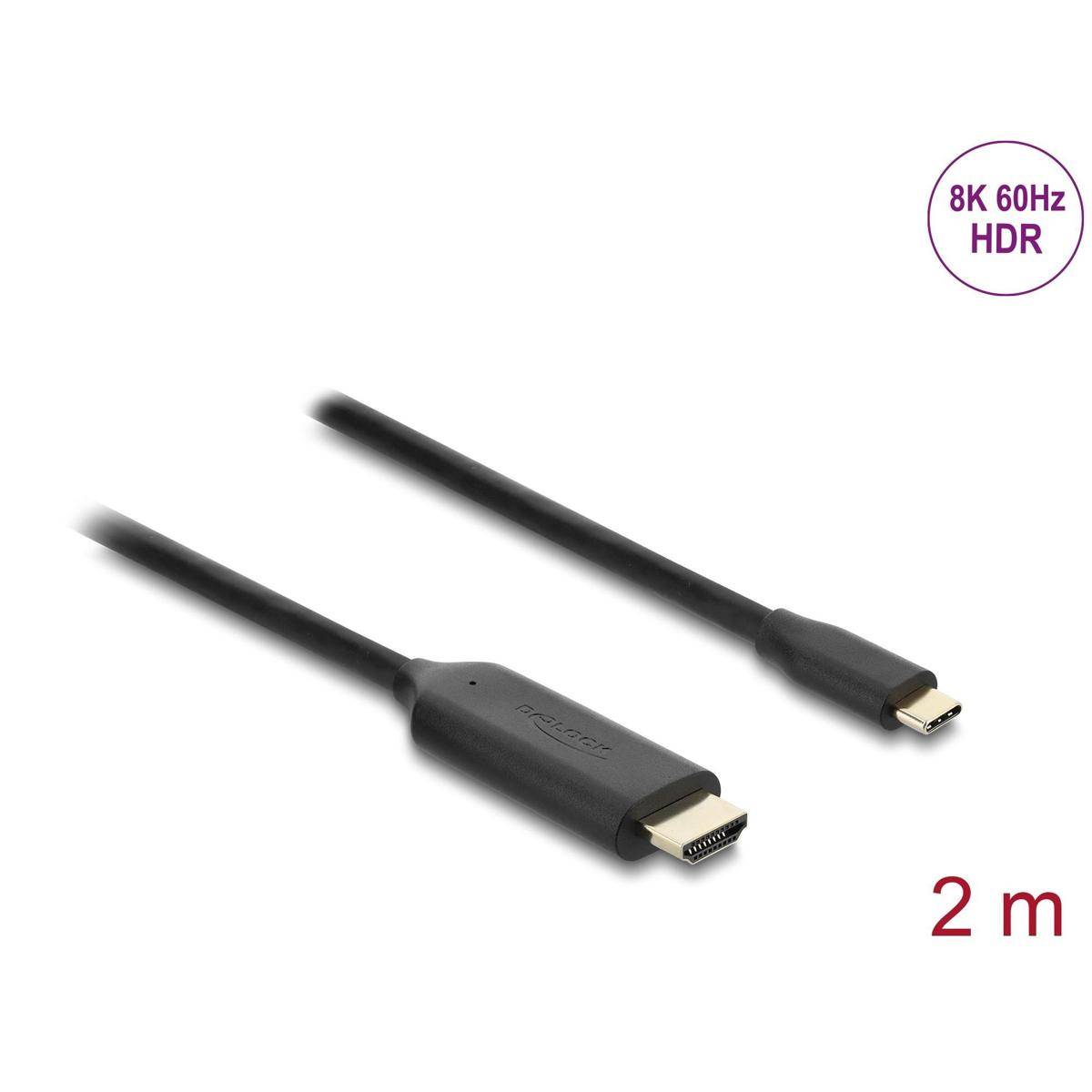 Schwarzes HDMI-zu-USB-C-Kabel, 2 Meter lang. Unterstützt 8K-Auflösung bei 60Hz mit HDR.