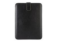 Schwarze Tablet- oder E-Reader-Schutzhülle in geschlossenem Zustand, mit einer zentralen Verschlusslasche oben.